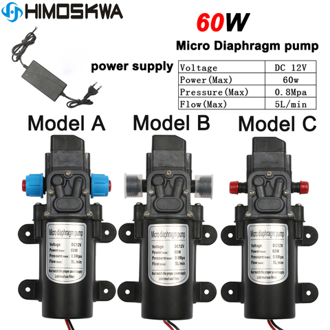 60W Micro bomba de agua de diafragma eléctrico 12V CC interruptor automático 5L/min de alta presión de lavado de coches bomba de vacío 0.8Mpa 5L/min ► Foto 1/6