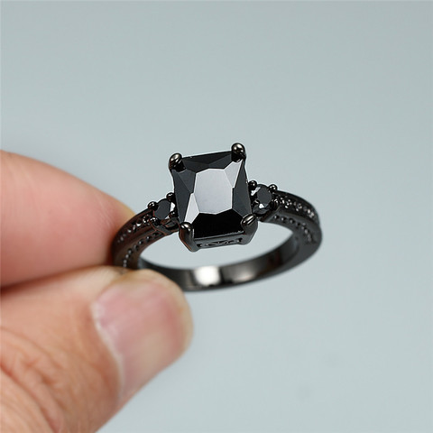 Anillos de piedra rectangulares de circonio negro Vintage para mujeres, anillo de cristal rellenado de oro negro, joyería de lujo para mujeres para bodas, bandas para los dedos ► Foto 1/6