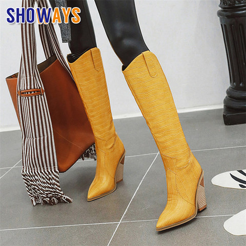 Botas de invierno hasta la rodilla de piel sintética de cocodrilo para mujer, botas occidentales largas con tacones altos gruesos y Punta puntiaguda, color negro y amarillo ► Foto 1/6