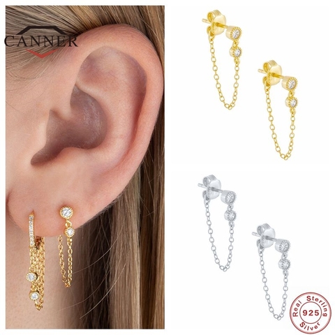 CANNER-Pendientes de tuerca de Plata de Ley 925 auténtica para mujer, aretes redondos de circonita, cadena, borla, Piercing, joyería ► Foto 1/6