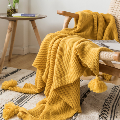 Manta amarilla, manta de punto para sofá, Manta lisa suave con borlas y pompones, manta de viaje de 130x160cm, sofá para el hogar, sofá, cama de 50 
