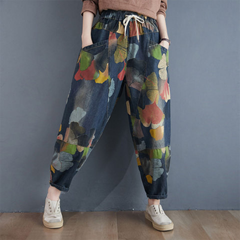 Pantalones vaqueros con estampado de cintura elástica para mujer, Jeans de talla grande de algodón, estilo artístico, harén, primavera y otoño, M637, 2022 ► Foto 1/6