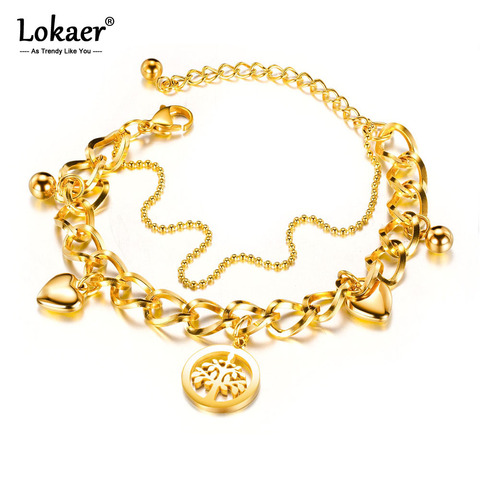 Lokaer-Pulseras de doble capa de acero inoxidable para mujer y niña, brazalete con abalorio de corazón y árbol de amor, cadena Bohemia, joyería, B17088 ► Foto 1/6