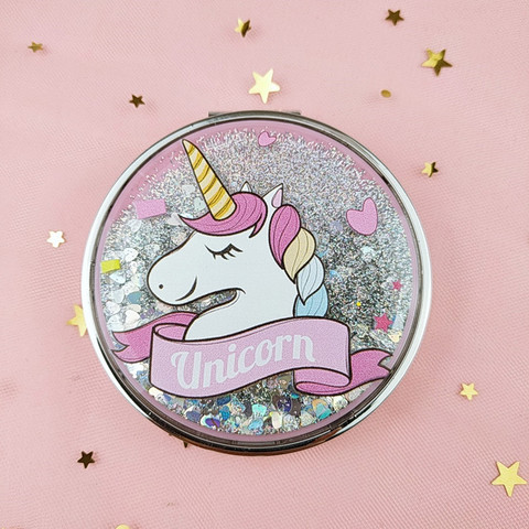 Espejo compacto para maquillaje con diseño de unicornio, espejo de bolsillo portátil de doble cara, plegable, con arena brillante ► Foto 1/6