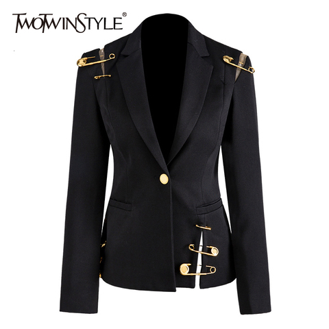 TWOTWINSTYLE-chaqueta negra holgada con agujeros para mujer, chaqueta empalmada con Pin, solapa nueva, abrigo de manga larga, moda, Otoño e Invierno ► Foto 1/6