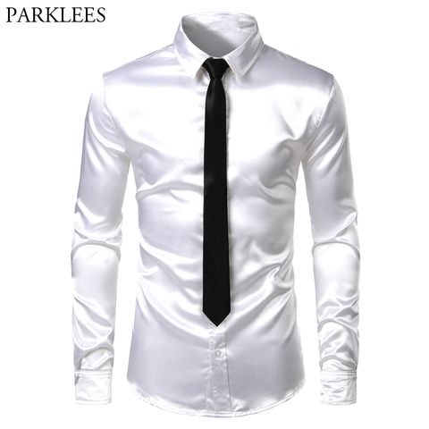 Camisas de satén de seda blanca para hombre, camisa con botón debajo del cuello, camisa de manga larga ajustada para fiesta de boda, graduación, 2 piezas (camisa + corbata) ► Foto 1/6