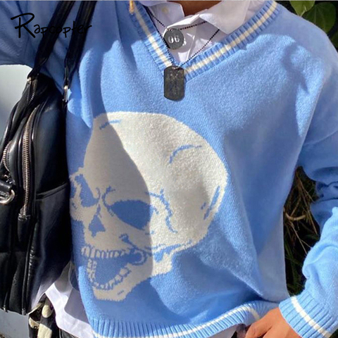 Rapcopter-suéteres Y2K para mujer, suéteres de calaveras con cuello de pico, Tops tejidos informales holgados, ropa de calle, Tops Retro, azul, otoño 2022 ► Foto 1/6