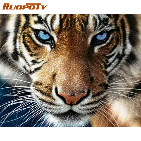 RUOPOTY-Cuadro al óleo pintado a mano para decoración del hogar, cuadro de arte de pared de Tigre y animales, por números, bricolaje ► Foto 1/6