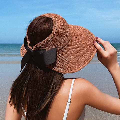 Sombrero con visera de verano para mujer, gorra con lazo negro, plegable, ajustable, transpirable, protección UV, gorro de Playa vacío sin tapa para viajes ► Foto 1/6