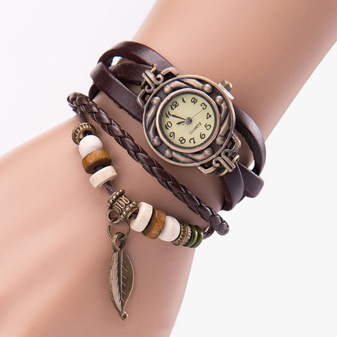 Reloj Vintage de cuarzo para mujer, pulsera Multicolor de cuero genuino de alta calidad, reloj de pulsera, regalo de hojas, navidad ► Foto 1/6