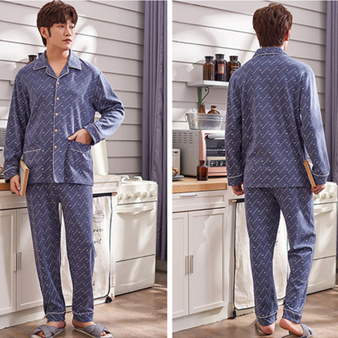 De los hombres de algodón de manga larga de gran tamaño pijamas y camisones y Sleepshirts Casual Set de ropa de casa invierno primavera otoño Conjunto de pijama de los hombres ► Foto 1/6