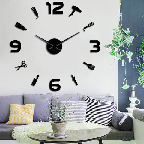 Reloj de pared gigante para peluquero, superficie de espejo, kits de herramientas decorativas, regalo de peluquero, arte de pared del salón de belleza ► Foto 1/6