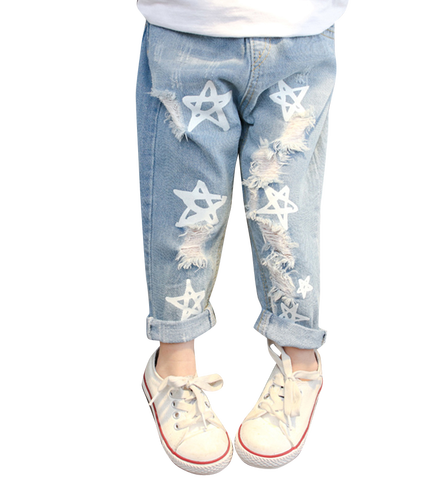 Pantalones vaqueros con estampado de estrellas para niña pequeña, vaqueros con cintura elástica para niño, ropa con agujero, novedad de otoño ► Foto 1/6