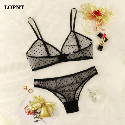 LOPNT-Conjunto de ropa interior Sexy para mujer, bralette transpirable con calzoncillos sexi, lencería de malla transparente de lunares, sujetador Invisible ► Foto 1/6