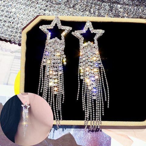 Pendientes de gota de estrella de diamantes de imitación para mujer, aretes colgantes de borla brillante largo, pendientes llamativos, joyería de fiesta de Bar ► Foto 1/6