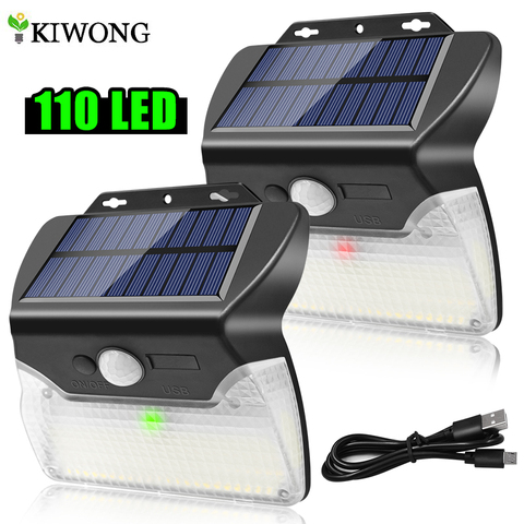 110 LED luces solares exteriores inalámbrico con Sensor de movimiento con energía Solar carga USB 3 modos de iluminación a prueba de agua para la pared del jardín ► Foto 1/6