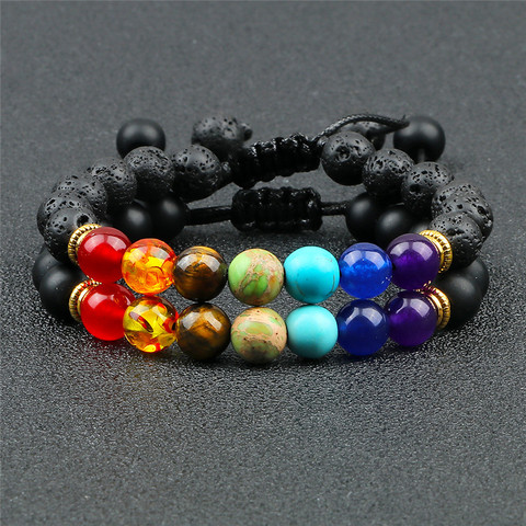 Juego de pulseras con cuentas naturales de 8mm para hombre y mujer, pulsera con cuentas naturales de piedra de Lava, 7 chacras, cadena de cuerda tejida ajustable, brazaletes de Yoga para parejas, joyería ► Foto 1/6