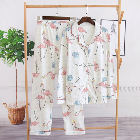 Pijamas de estilo japonés para mujer, conjunto de pijama de algodón de manga larga y 100%, conjunto de pijama de algodón tejido, primavera y otoño ► Foto 1/6