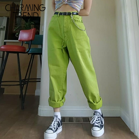 Pantalones casuales Punk Harem para mujer, pantalones largos de cintura alta para otoño Hip Hop para novios, color verde amarillo más grande ► Foto 1/6