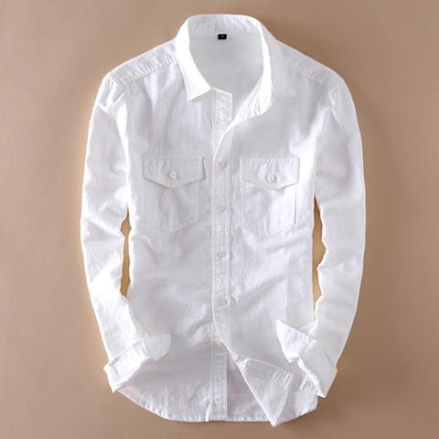 Helisopus-camisas clásicas de lino y algodón para hombre, Camisa informal de manga larga con bolsillo, color blanco ► Foto 1/6