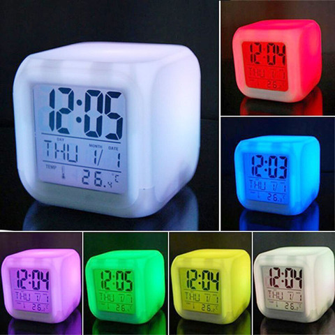 Cubo reloj Led de alarma de reloj 7 cambio de color Digital artefacto de escritorio termómetro noche brillante reloj para regalos decoración para el hogar ► Foto 1/6