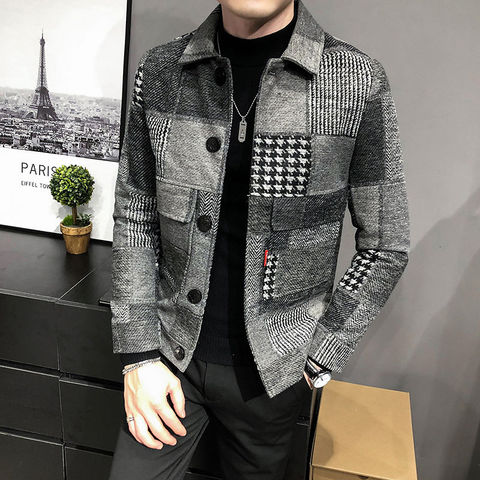 Abrigo-Chaqueta de costura informal coreana para Hombre, chaqueta ajustada de manga larga cálida a cuadros con bolsillos, 2022 ► Foto 1/6