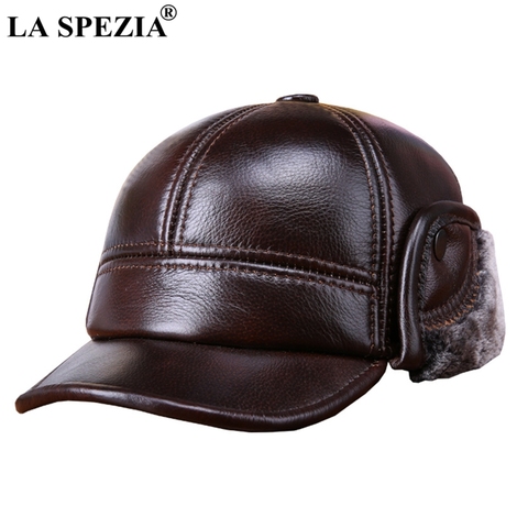 LA SPEZIA-gorras de béisbol con piel de vaca para hombre, gorros de béisbol con orejeras, piel auténtica, gruesa, cálida, marrón, de lujo ► Foto 1/6