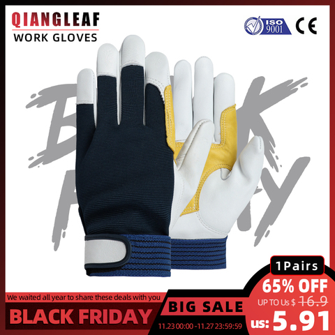 QIANGLEAF los nuevos hombres de cuero de piel de oveja mecánico guante Palma engrosada guantes de protección industriales protección envío gratis 3005MY ► Foto 1/6