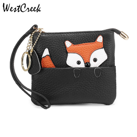 WESTCREEK-monedero de piel auténtica con estampado de zorro, cartera pequeña con Clip para tarjeta y llavero ► Foto 1/6