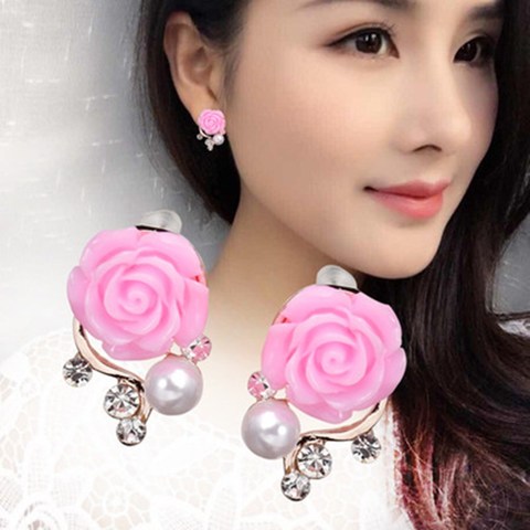 Pendientes de perlas de moda coreana para mujer, aretes de cuentas de concha de diamantes de imitación de flor rosa, aretes bonitos y exquisitos, joyería para mujer ► Foto 1/6