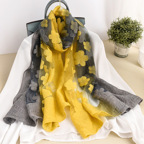 Bufandas de seda de verano de Color a juego para mujer chales y envolturas de organza con flores ahuecadas bandana de playa ► Foto 1/6