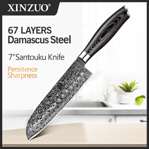 XINZUO-cuchillo de Chef japonés de 7 pulgadas, 67 capas, alto contenido de carbono, acero damasco, cocina, con mango de madera Pakka, carne, Santoku ► Foto 1/6