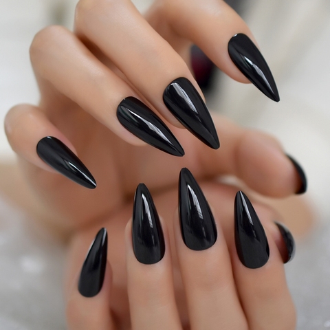 Uñas postizas de Stiletto de Punta larga negra, uñas artificiales falsas de cobertura completa para salón de acrílico, con adhesivo con cola ► Foto 1/6