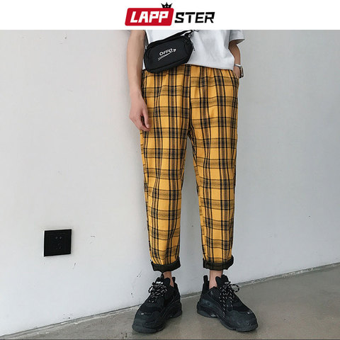 Pantalones de tela escocesa amarillo de LAPPSTER, pantalones de chándal para hombre 2022, pantalones Harem rectos casuales para hombre, pantalones de pista coreanos de Hip Hop de talla grande ► Foto 1/6