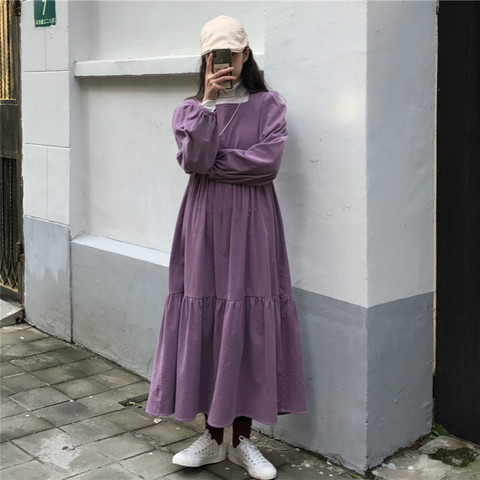 Vestido largo holgado de PANA con cuello cuadrado para Primavera, ropa morada de manga larga, Estilo Vintage ► Foto 1/5