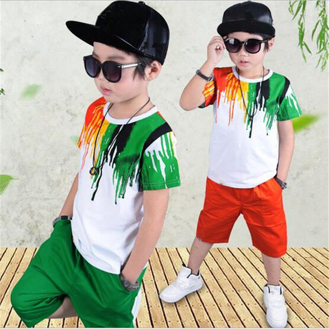 Conjunto de ropa informal para niños, camiseta y pantalones coloridos a rayas de Hip-hop, traje de 2 uds., rendimiento de Kindergarten, novedad de Verano de 2022 ► Foto 1/6