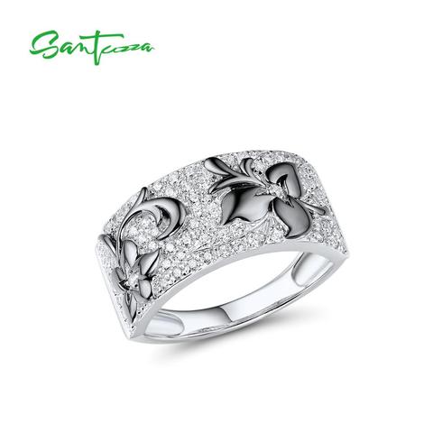 SANTUZZA anillos de plata para las mujeres 925 puro de plata brillante blanco Cubic Zirconia negra flores moda joyería fina ► Foto 1/6