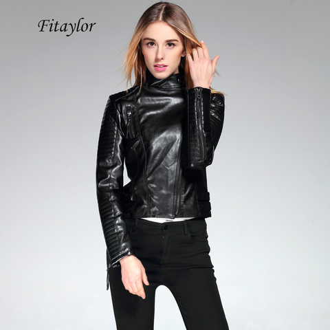 Fitaylor nueva 2022 Chaqueta corta de cuero de PU de mujer de moda delgada Punk Outwear de manga larga de motocicleta chaqueta negra primavera Outwear ► Foto 1/6