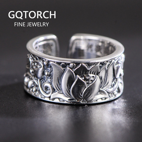 Anillos de plata 925 garantizado, anillos de Buda Sutra de corazón de loto para hombres y mujeres, joyería de budismo, joyería de Bague Argent redimensionable ► Foto 1/6