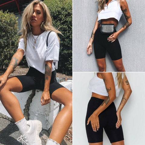 Pantalones cortos deportivos para mujer, Shorts ajustados elásticos de cintura elástica negro, informales, para Fitness, para verano ► Foto 1/5