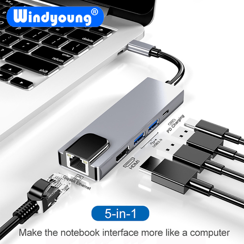 Hub tipo C con USB Hdmi USB-C 3,1 Hub a Gigabit Ethernet Rj45 Lan adaptador para Macbook Pro con Thunderbolt 3 USB-C del puerto del cargador ► Foto 1/6