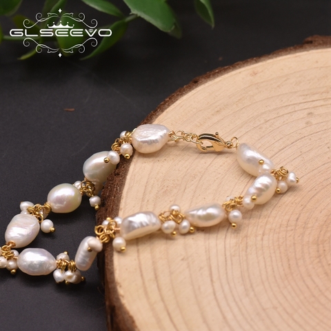 GLSEEVO barroco Natural blanco perlas Strand pulseras para las mujeres regalo hecho a mano ajustable pulsera del encanto de la joyería de lujo GB0928 ► Foto 1/5