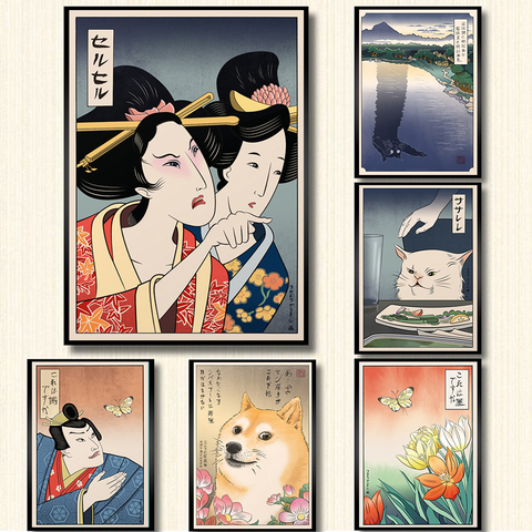 Imágenes pinturas estampados para decoración del hogar, arte de pared, Gato Geisha Samurai japonés, póster de lona nórdica Modular, fondo moderno para cabecera ► Foto 1/6