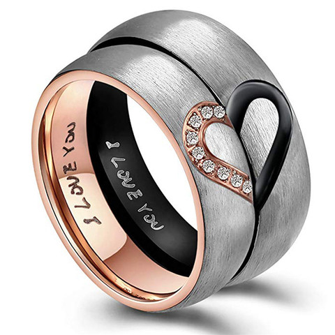 Anillos de acero inoxidable con forma de corazón para parejas, Color oro rosa/Negro, promesa de boda, joyería de compromiso para hombre y mujer ► Foto 1/6