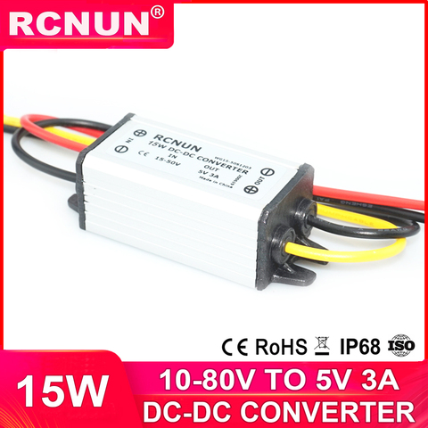 RCNUN 12V 12V 24V 36V 48V 60V a 5 V 3A paso convertidor DC 10-80 voltios a 5 voltios 15W fuente de alimentación Buck para autos LED ► Foto 1/1