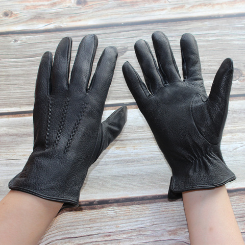 Bickmods-guantes de piel de oveja negra para hombre, de piel auténtica con forro de terciopelo, falso pelo de conejo, para mantener el calor en otoño e invierno, novedad ► Foto 1/6