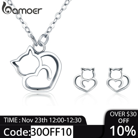 100% Plata de Ley 925 BAMOER, conjunto de joyas para mujer, precioso gatito, collar, pendientes, conjuntos de joyería de plata esterlina, regalo de joyería ► Foto 1/6