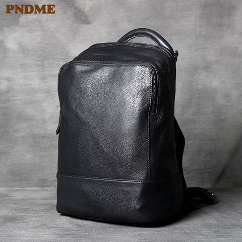 PNDME simple de moda de cuero genuino de los hombres negro Mochila De cuero vacuno suave portátil mochila de viaje de lujo de las mujeres mochila ► Foto 1/6