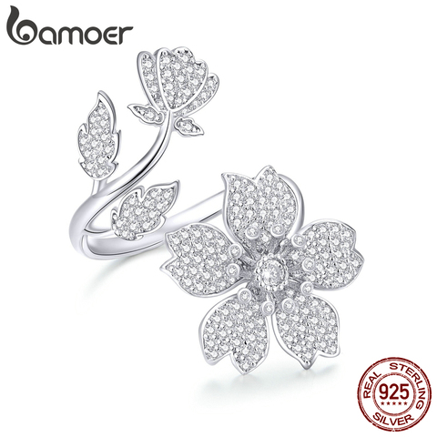 BAMOER-Anillo ajustable de plata de primera ley diseño sakura para mujer, sortija abierta, plata esterlina 925, con forma flor de cerezo, estilo primavera, fiesta, joya lujosa, BSR076 ► Foto 1/6