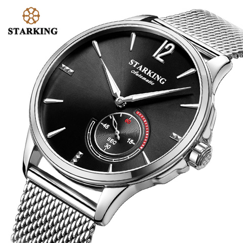 Reloj Mecánico de acero inoxidable STARKING Negro hombres automático clásico correa de malla hombre reloj de pulsera 5Bar resistente al agua AM0273 ► Foto 1/6